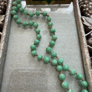 Vintage Green Beaded Necklace & Green Gold Tone Bar Brooch